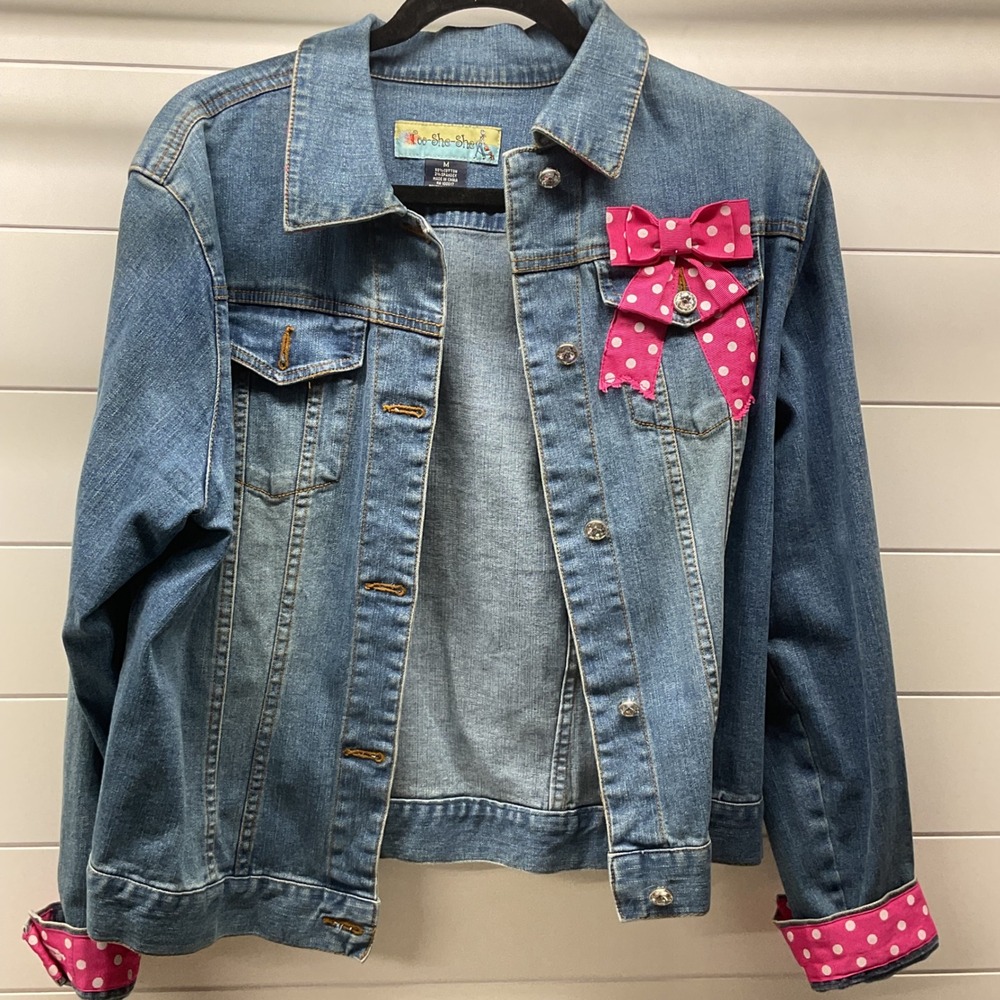 Too-She-She Womens Denim Jacket Medium Blue Pink Polka Dot Bow Rhinestone
